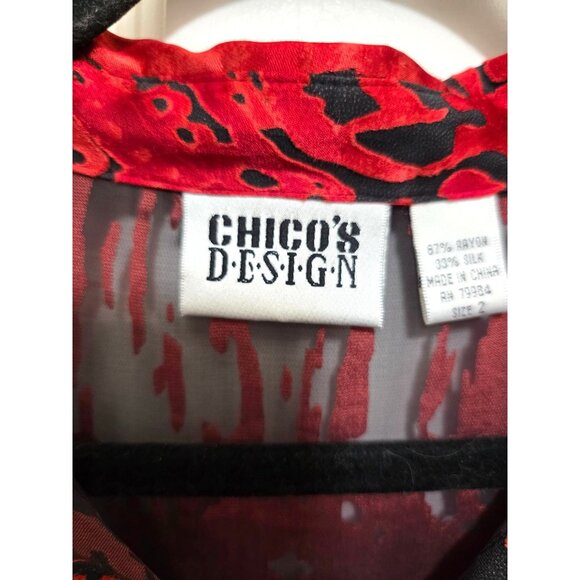 Chicos Design Women's Red & Black Abstract Long Sleeve Silk Boho Button-Up Blous - Picture 6 of 8